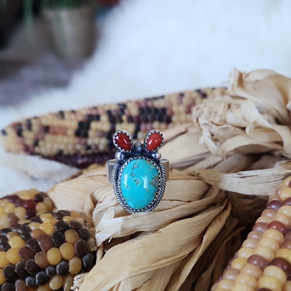 NWT Native American Navajo Turquoise & Coral Adjustable Cactus Ring 🩵🌵♥️🎁